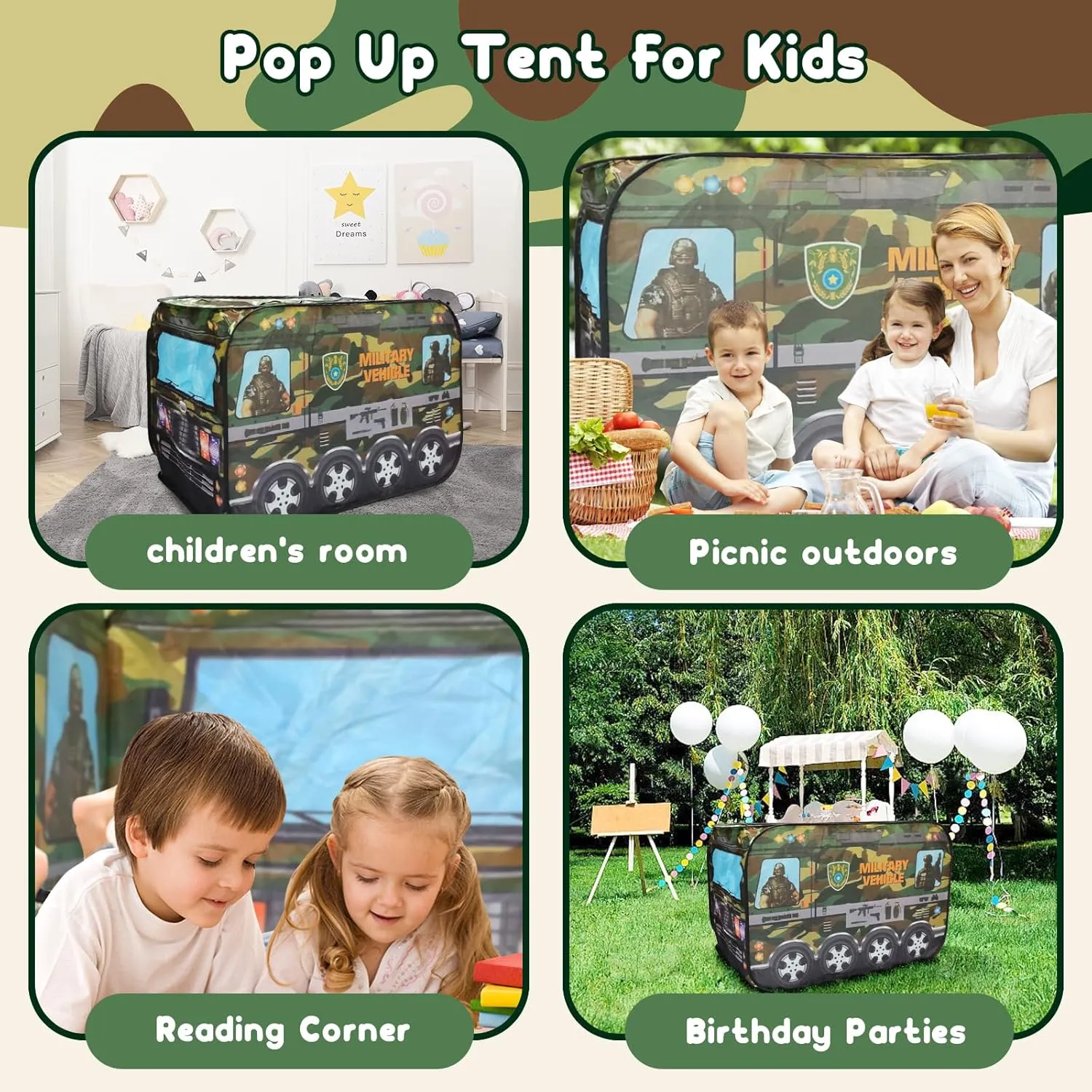 Pop Up Play Tent for Kids - Foldable Indoor & Outdoor Playhouse Vehicle Toys for Toddlers, Boys and Girls - 2 Openings, Flat-Folding for Compact Storage (Green Vehicle)