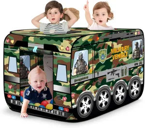 Pop Up Play Tent for Kids - Foldable Indoor & Outdoor Playhouse Vehicle Toys for Toddlers, Boys and Girls - 2 Openings, Flat-Folding for Compact Storage (Green Vehicle)