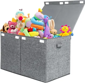 popoly 122L Large Toy Chest Box with Lid, Foldable Toy Storage Organizer Bin Boxes with Removable Divider for Kids, Boys, Girls, Nursery, Playroom, 26"x17" x17"(Linen Gray)