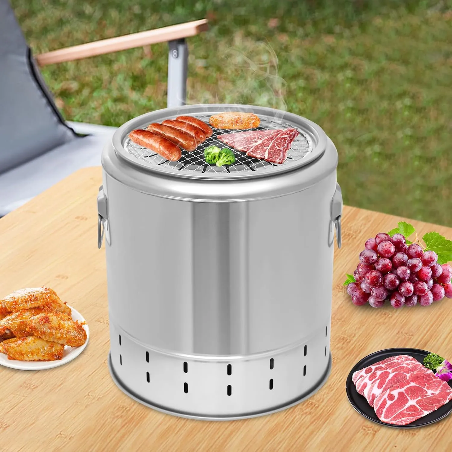 Portable Charcoal Barrel Grill 13.4" Smokeless Stainless Steel Grill with 20 Skewers & Accessories for Camping, Backyard, Picnics | Oil Separation Design