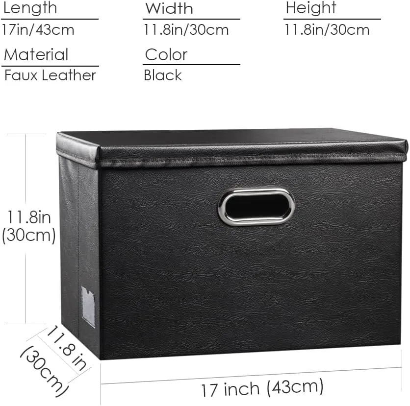 PRANDOM Large Collapsible Storage Bin with Lid [1-Pack] Leather Fabric Foldable Storage Box Organizer Containes Basket Cube with Cover for Home Bedroom Closet Office Nursery Black (17.7x11.8x11.8)