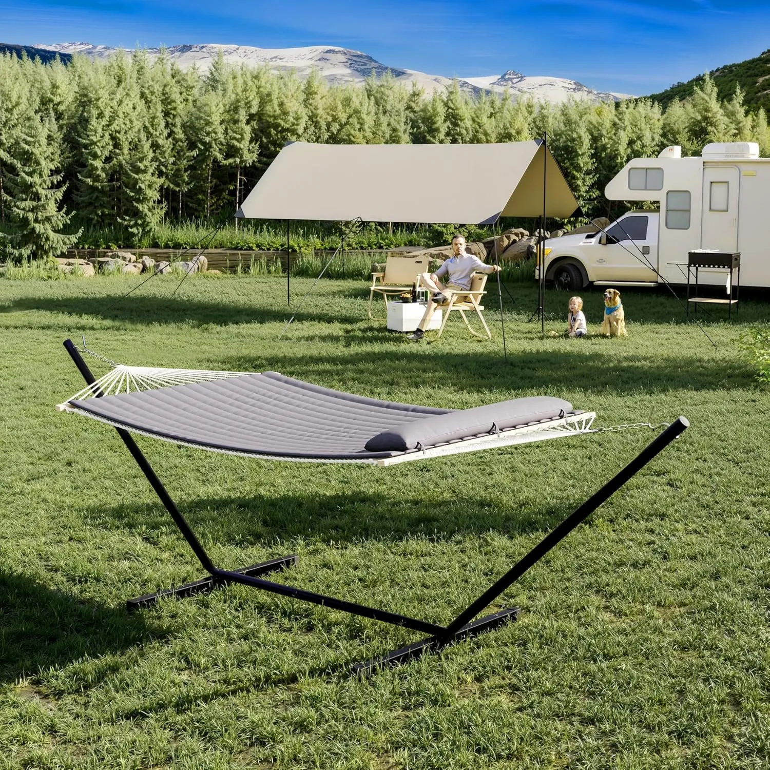 Premium 2-Person Hammock Set with Quick-Lock Steel Stand – Commercial-Grade Outdoor Lounger for Patio, Camping & Backyard (500lb Capacity   Waterproof Carry Bag),White (Concave)