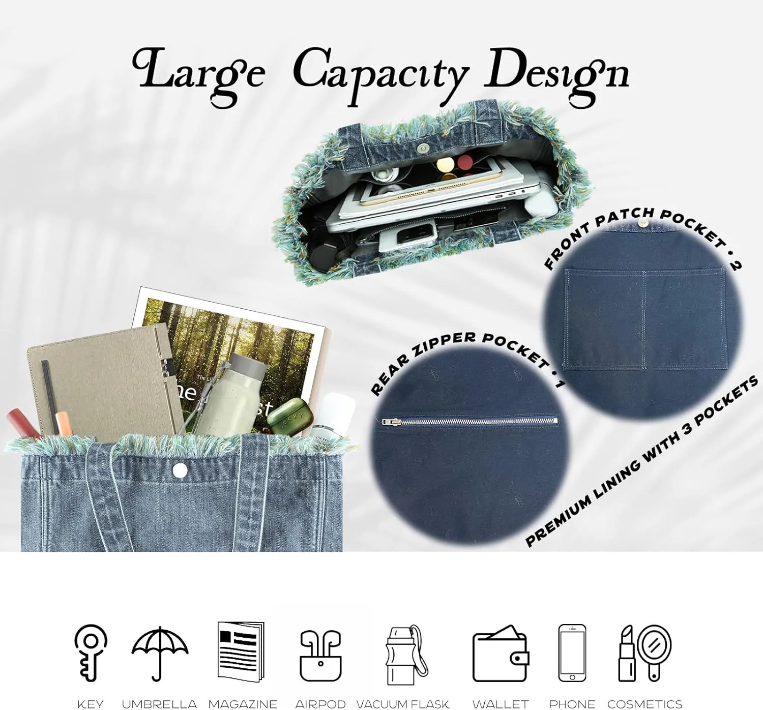 Premium Green Yarn Fringe Boho Designer Women Purse, 2025 Summer Lightweight Foldable Large Denim Tote Bag with Pockets