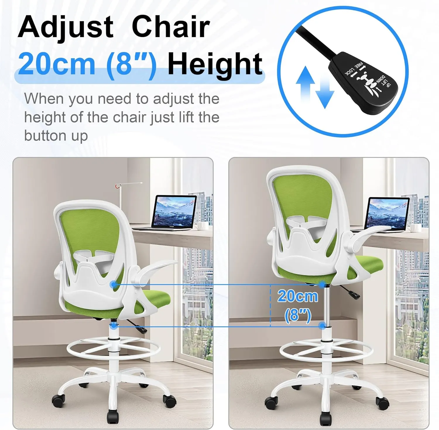 Primy Drafting Chair Tall Office Chair with Flip-up Armrests Executive Ergonomic Computer Standing Desk Chair with Lumbar Support and Adjustable Footrest Ring（Green）