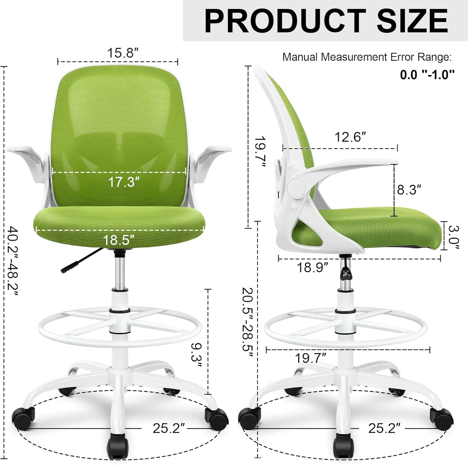 Primy Drafting Chair Tall Office Chair with Flip-up Armrests Executive Ergonomic Computer Standing Desk Chair with Lumbar Support and Adjustable Footrest Ring（Green）