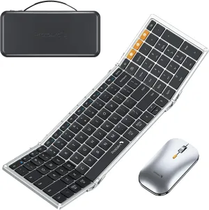 ProtoArc Foldable Keyboard and Mouse, XKM01 True Full-Size Folding Keyboard Mouse Combo for Business and Travel, 2.4G Dual Bluetooth Portable Mouse Keyboard for Laptop iPads Tablets -Black Silver