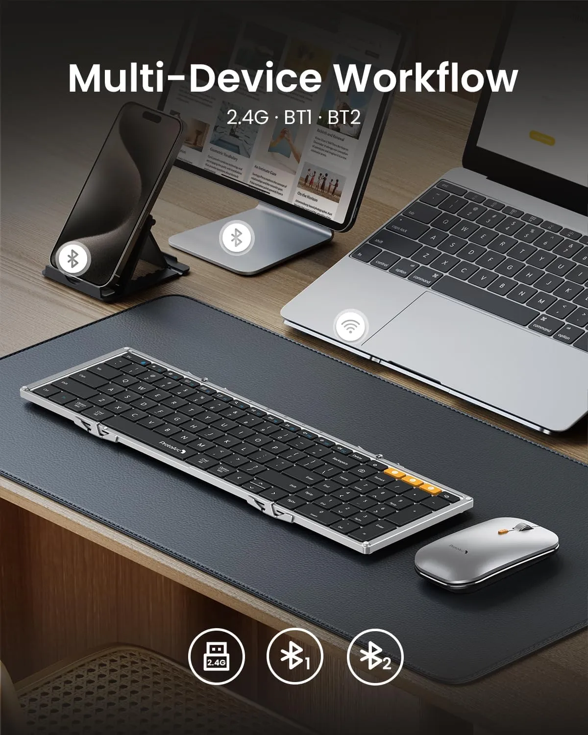 ProtoArc Foldable Keyboard and Mouse, XKM01 True Full-Size Folding Keyboard Mouse Combo for Business and Travel, 2.4G Dual Bluetooth Portable Mouse Keyboard for Laptop iPads Tablets -Black Silver