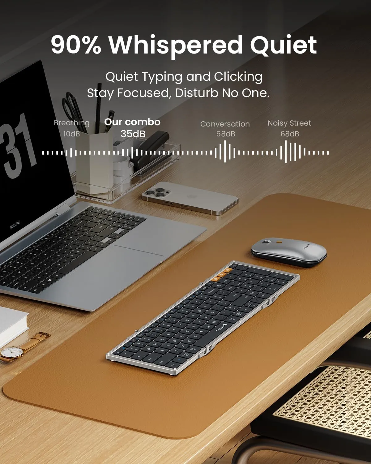 ProtoArc Foldable Keyboard and Mouse, XKM01 True Full-Size Folding Keyboard Mouse Combo for Business and Travel, 2.4G Dual Bluetooth Portable Mouse Keyboard for Laptop iPads Tablets -Black Silver
