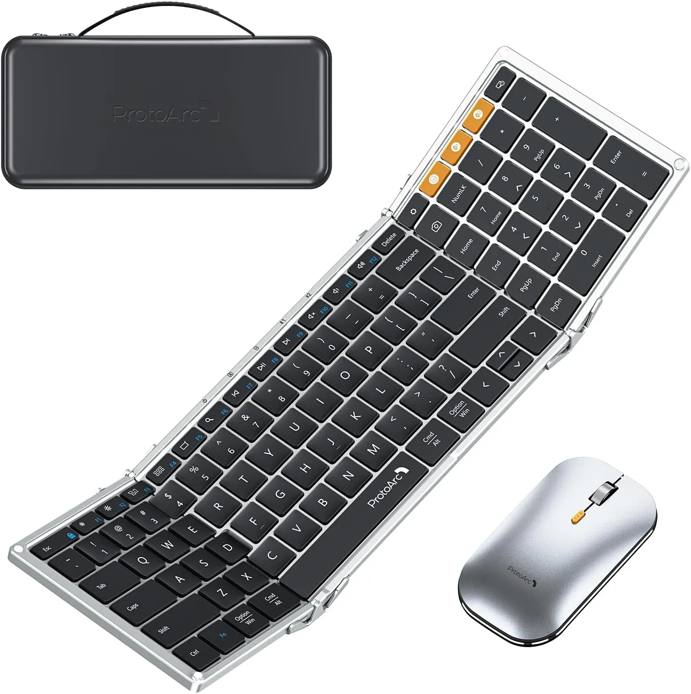 ProtoArc Foldable Keyboard and Mouse, XKM01 True Full-Size Folding Keyboard Mouse Combo for Business and Travel, 2.4G Dual Bluetooth Portable Mouse Keyboard for Laptop iPads Tablets -Black Silver