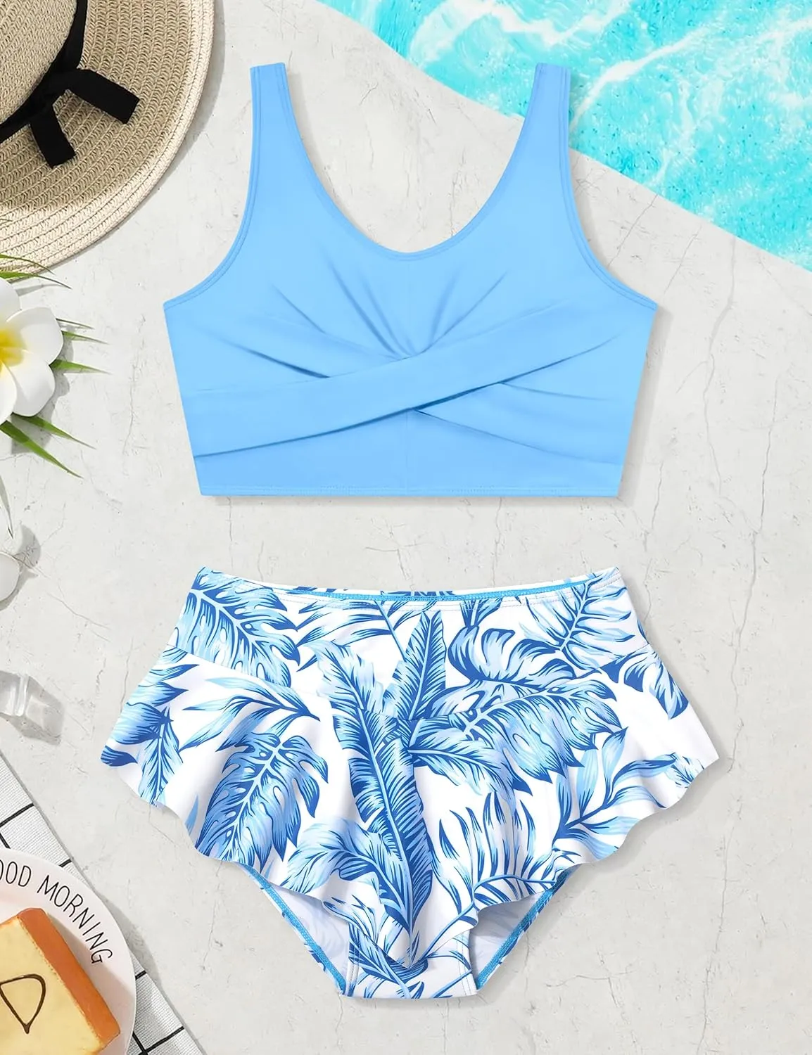 Qaoerde Girls Swimsuit Tropical Print Bikini Set with Ruffle Hem Two Piece Criss Cross Bathing Suits for Girls 7-14 Years