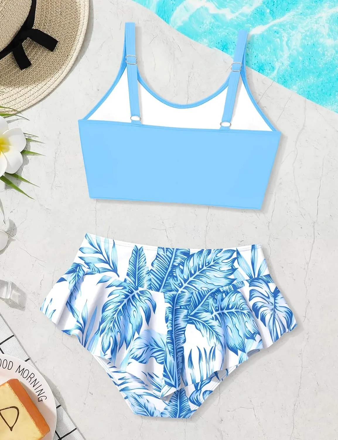 Qaoerde Girls Swimsuit Tropical Print Bikini Set with Ruffle Hem Two Piece Criss Cross Bathing Suits for Girls 7-14 Years
