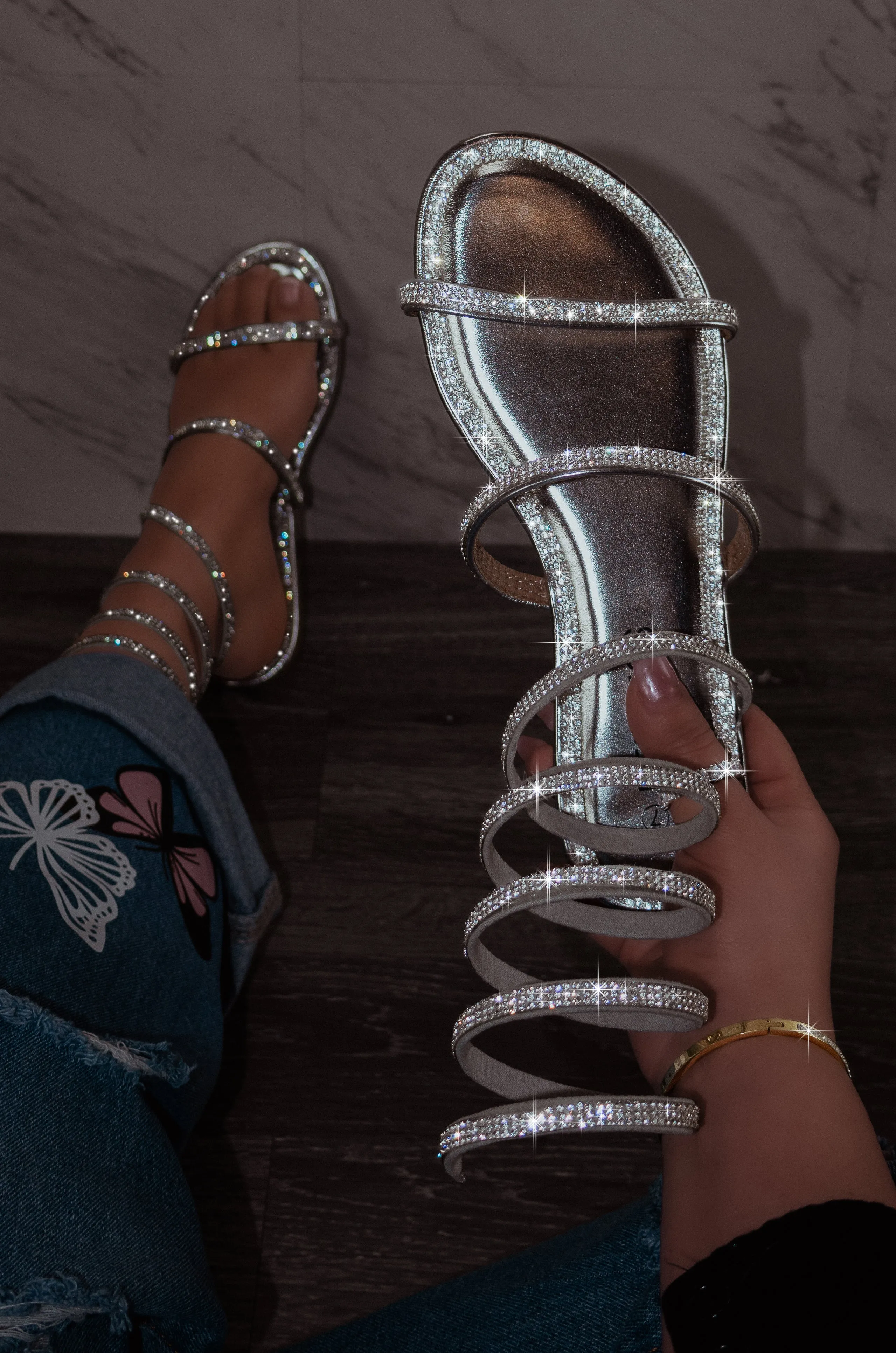 Raquel - Embellished Spiral Coil Strap Flat Sandals