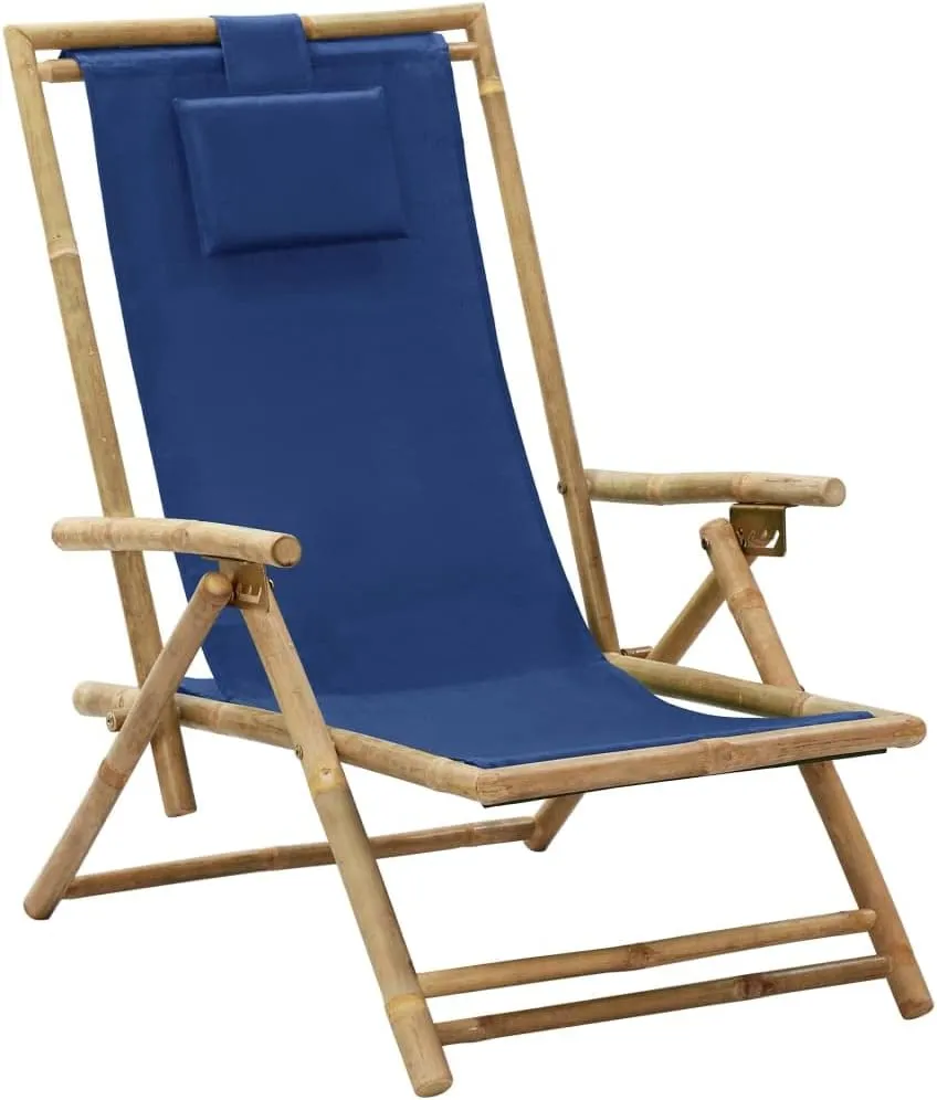 Reclining Folding Lounge Chair Navy Blue Bamboo Outdoor Furniture Adjustable 4-Position Backrest with Pillow, Portable Patio Chaise for Camping Beach Pool Tanning