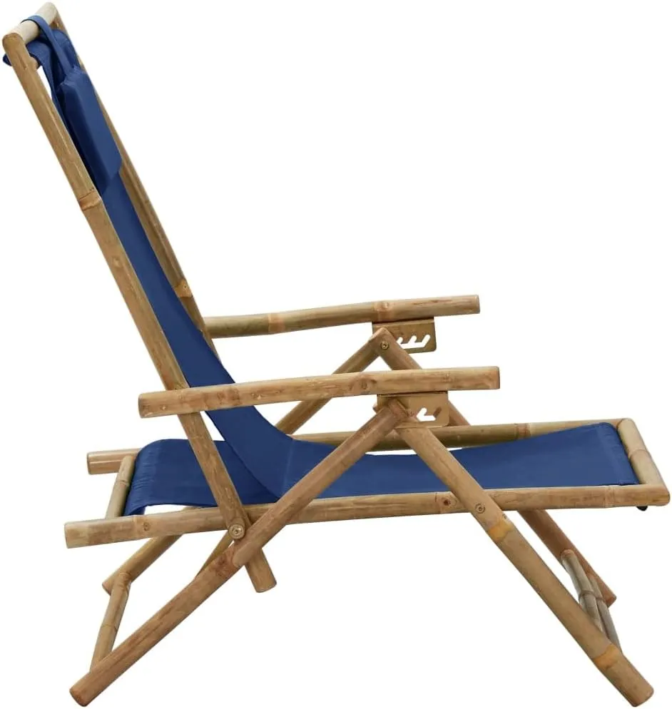 Reclining Folding Lounge Chair Navy Blue Bamboo Outdoor Furniture Adjustable 4-Position Backrest with Pillow, Portable Patio Chaise for Camping Beach Pool Tanning