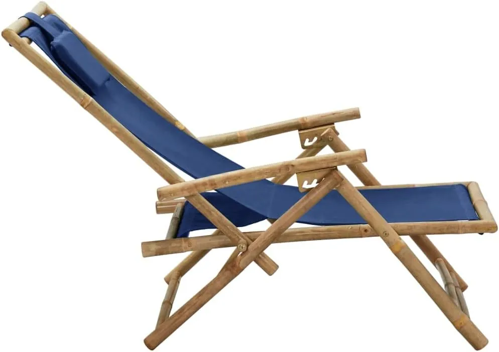 Reclining Folding Lounge Chair Navy Blue Bamboo Outdoor Furniture Adjustable 4-Position Backrest with Pillow, Portable Patio Chaise for Camping Beach Pool Tanning