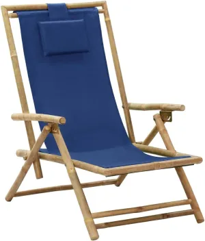 Reclining Folding Lounge Chair Navy Blue Bamboo Outdoor Furniture Adjustable 4-Position Backrest with Pillow, Portable Patio Chaise for Camping Beach Pool Tanning