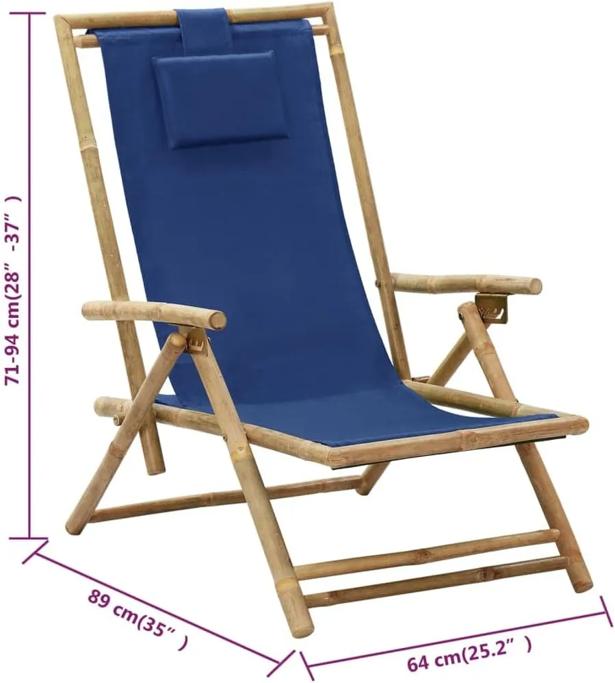 Reclining Folding Lounge Chair Navy Blue Bamboo Outdoor Furniture Adjustable 4-Position Backrest with Pillow, Portable Patio Chaise for Camping Beach Pool Tanning