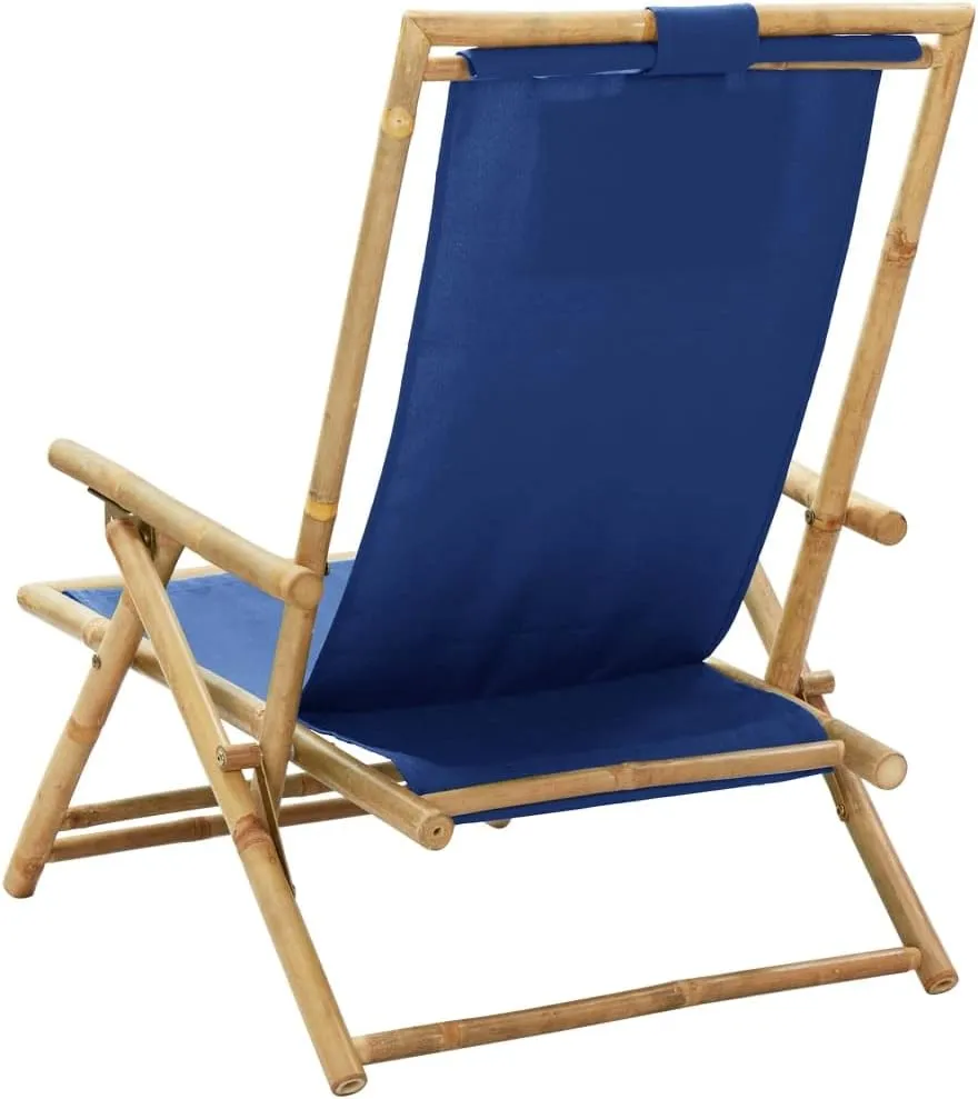 Reclining Folding Lounge Chair Navy Blue Bamboo Outdoor Furniture Adjustable 4-Position Backrest with Pillow, Portable Patio Chaise for Camping Beach Pool Tanning