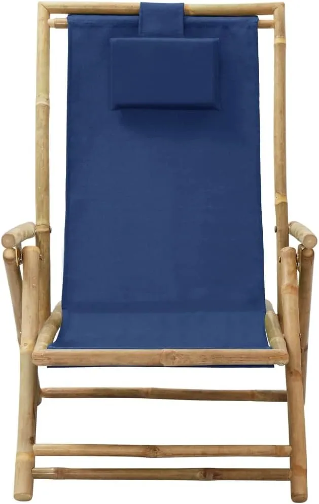 Reclining Folding Lounge Chair Navy Blue Bamboo Outdoor Furniture Adjustable 4-Position Backrest with Pillow, Portable Patio Chaise for Camping Beach Pool Tanning