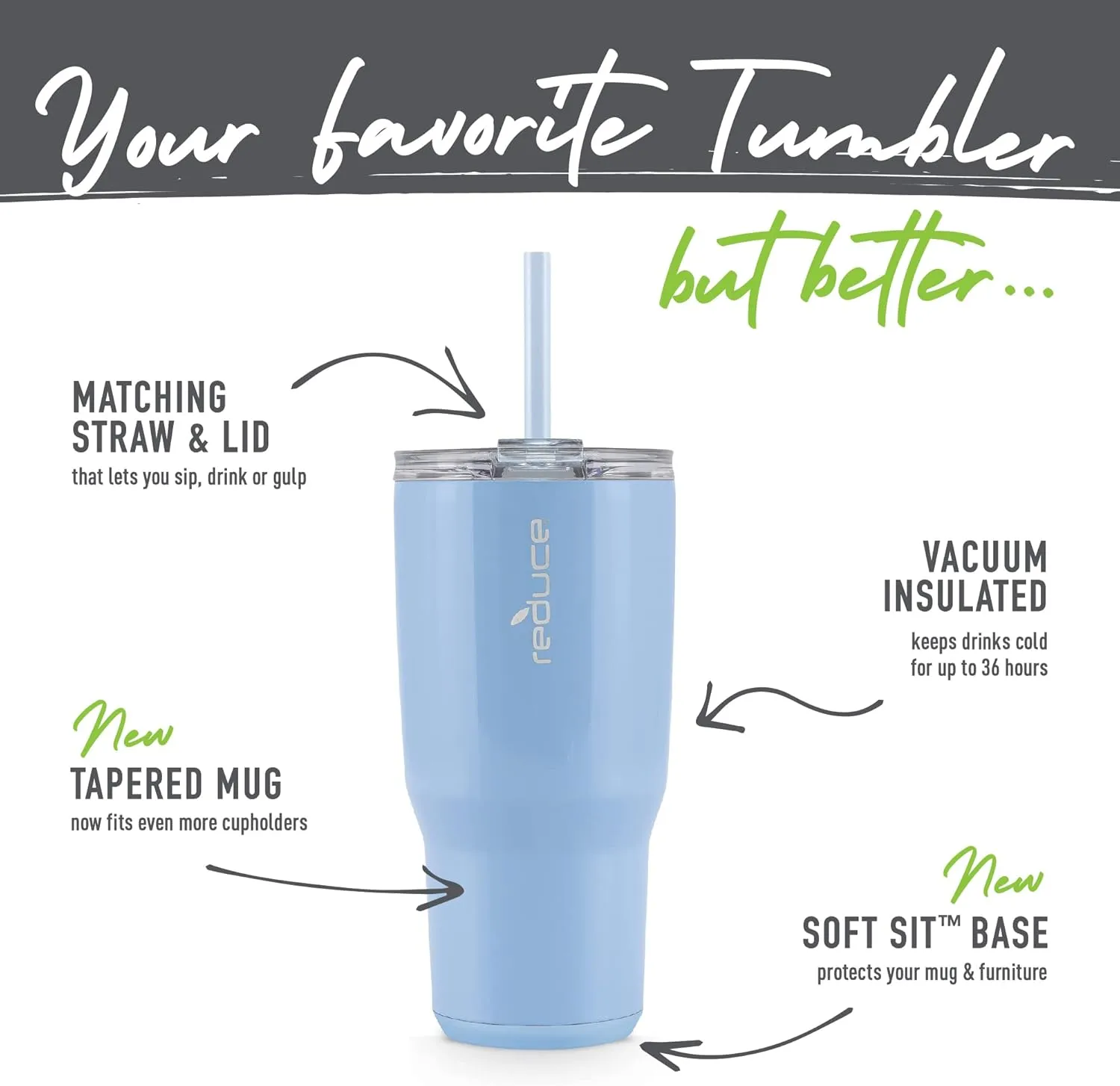 REDUCE Cold1 34 oz Tumbler with Lid and Straw- Vacuum Insulated Stainless Steel Water Bottle for Home, Office or Car; Reusable Cup with Leakproof Flip Lid, Keeps Drinks Ice Cold All Day- Gloss Glacier