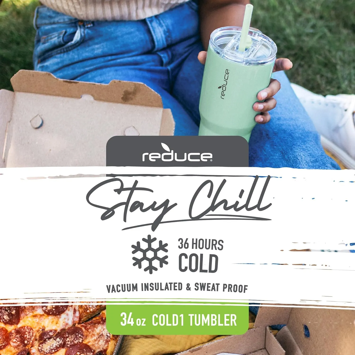 REDUCE Cold1 34 oz Tumbler with Lid and Straw- Vacuum Insulated Stainless Steel Water Bottle for Home, Office or Car; Reusable Cup with Leakproof Flip Lid, Keeps Drinks Ice Cold All Day- Gloss Glacier