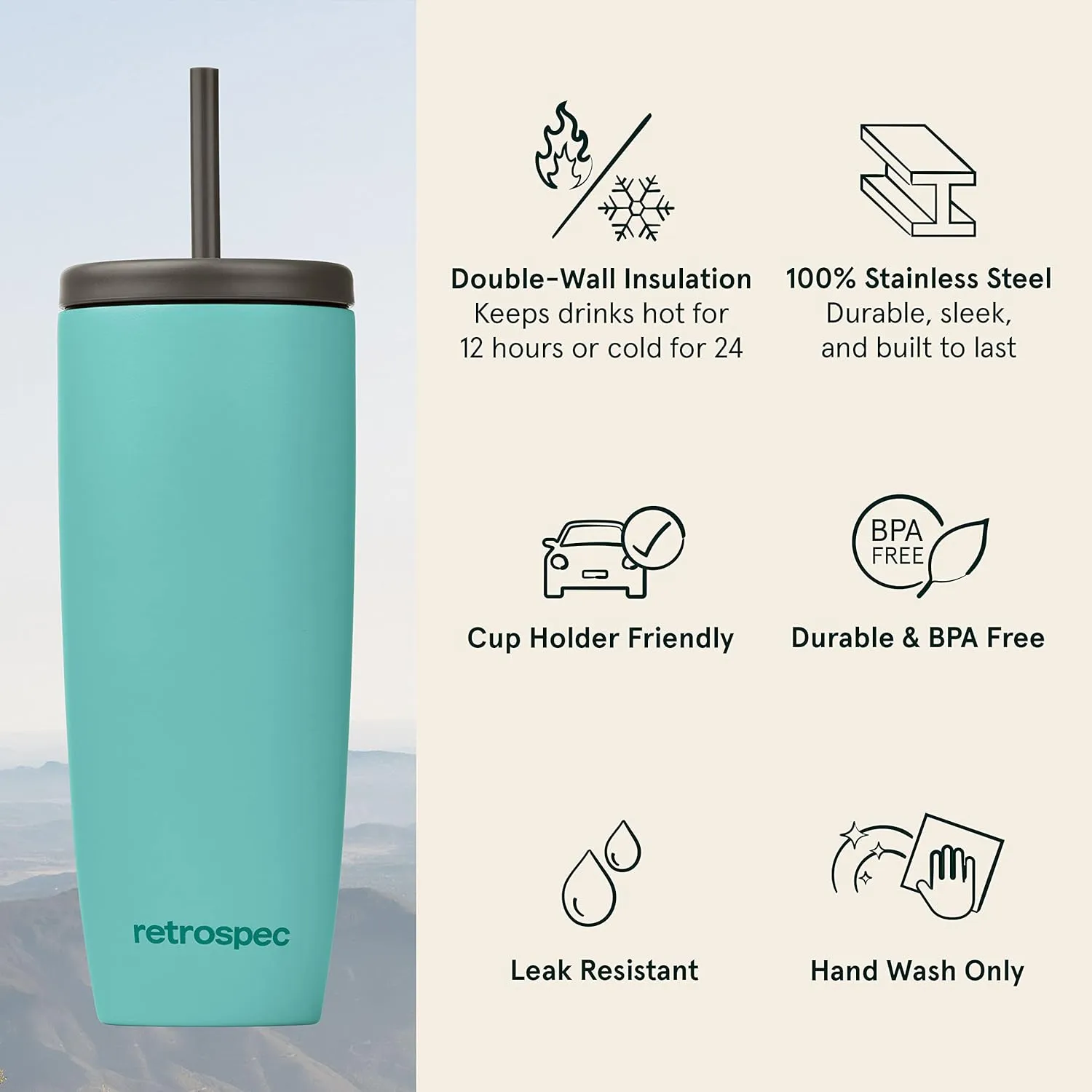 Retrospec Arroyo Stainless Steel Tumbler with Lid and Straw - Reusable Insulated Tumbler Cup - Iced Coffee Travel Mug - Double Walled Thermal Tumblers