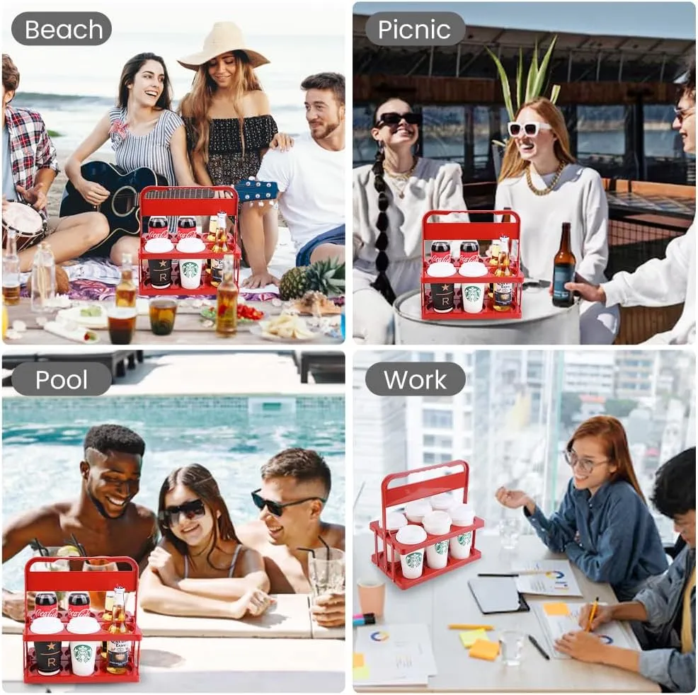 Reusable Drink Carrier with Handle for Doordash, Eats, Grubhub, Portable Cup/Coffee Holder Accessories for Delivery, Foldable Drinks Caddy with Tray, Car Durable Plastic Festive Bottle, Vacation
