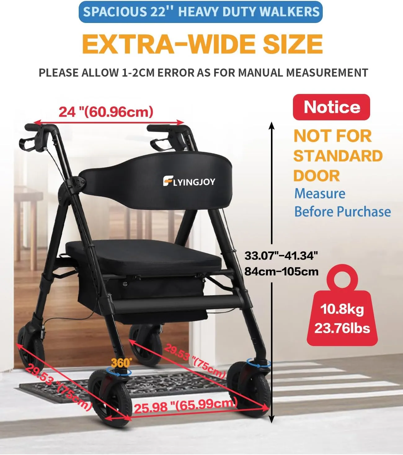 Rollator Walker with Seat,450Lb Rolling Walker, 23.76lbs Extra-Wide Heavy-Duty Rollator Walker with Seat and Brakes for Seniors and Adults Bariatric with Large Aluminum (Black)