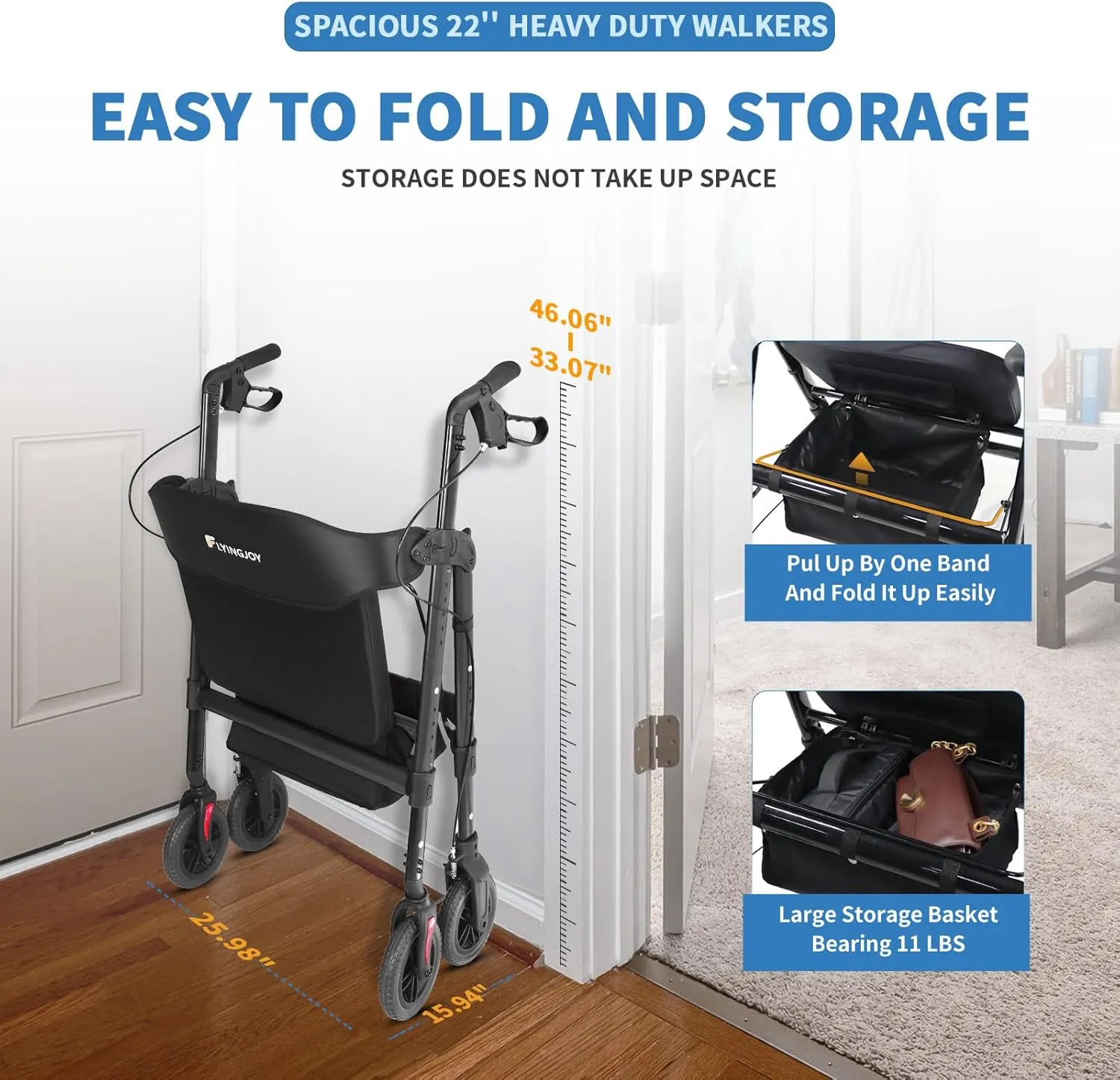 Rollator Walker with Seat,450Lb Rolling Walker, 23.76lbs Extra-Wide Heavy-Duty Rollator Walker with Seat and Brakes for Seniors and Adults Bariatric with Large Aluminum (Black)