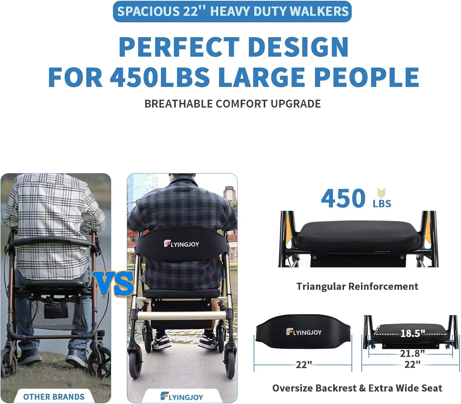 Rollator Walker with Seat,450Lb Rolling Walker, 23.76lbs Extra-Wide Heavy-Duty Rollator Walker with Seat and Brakes for Seniors and Adults Bariatric with Large Aluminum (Black)