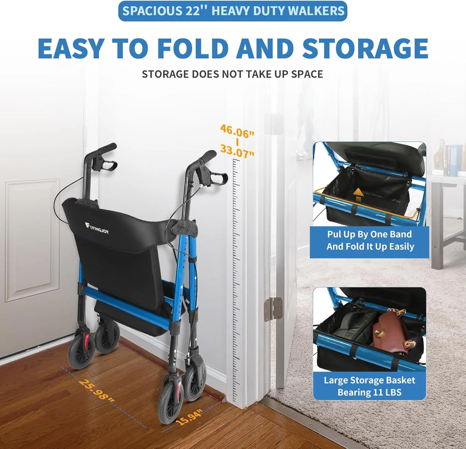 Rollator Walker with Seat,450Lb Rolling Walker, 23.76lbs(10.8kg) Extra-Wide Heavy-Duty Rollator Walker with Seat and Brakes for Seniors and Adults Bariatric with Large Aluminum (Blue)