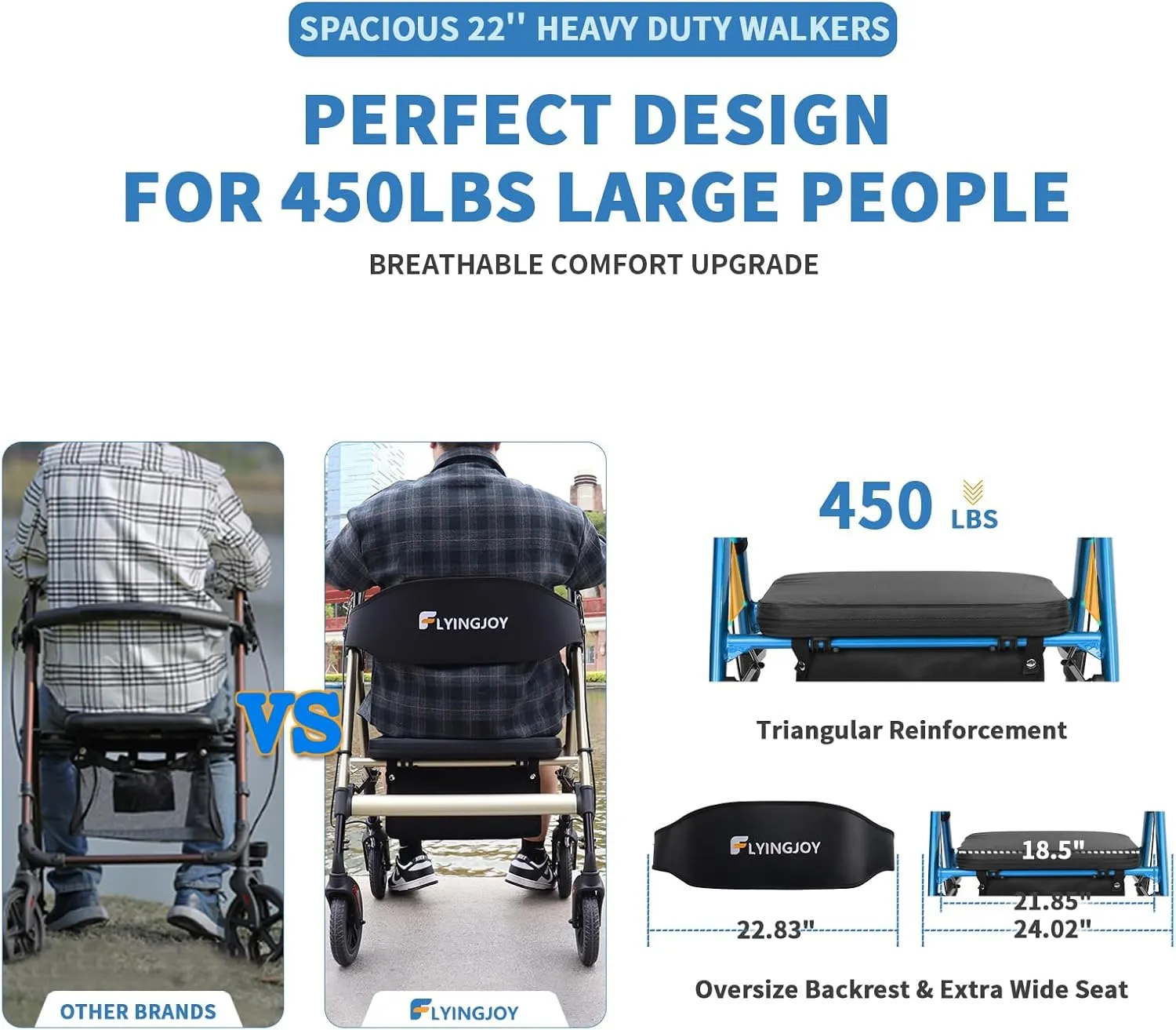 Rollator Walker with Seat,450Lb Rolling Walker, 23.76lbs(10.8kg) Extra-Wide Heavy-Duty Rollator Walker with Seat and Brakes for Seniors and Adults Bariatric with Large Aluminum (Blue)