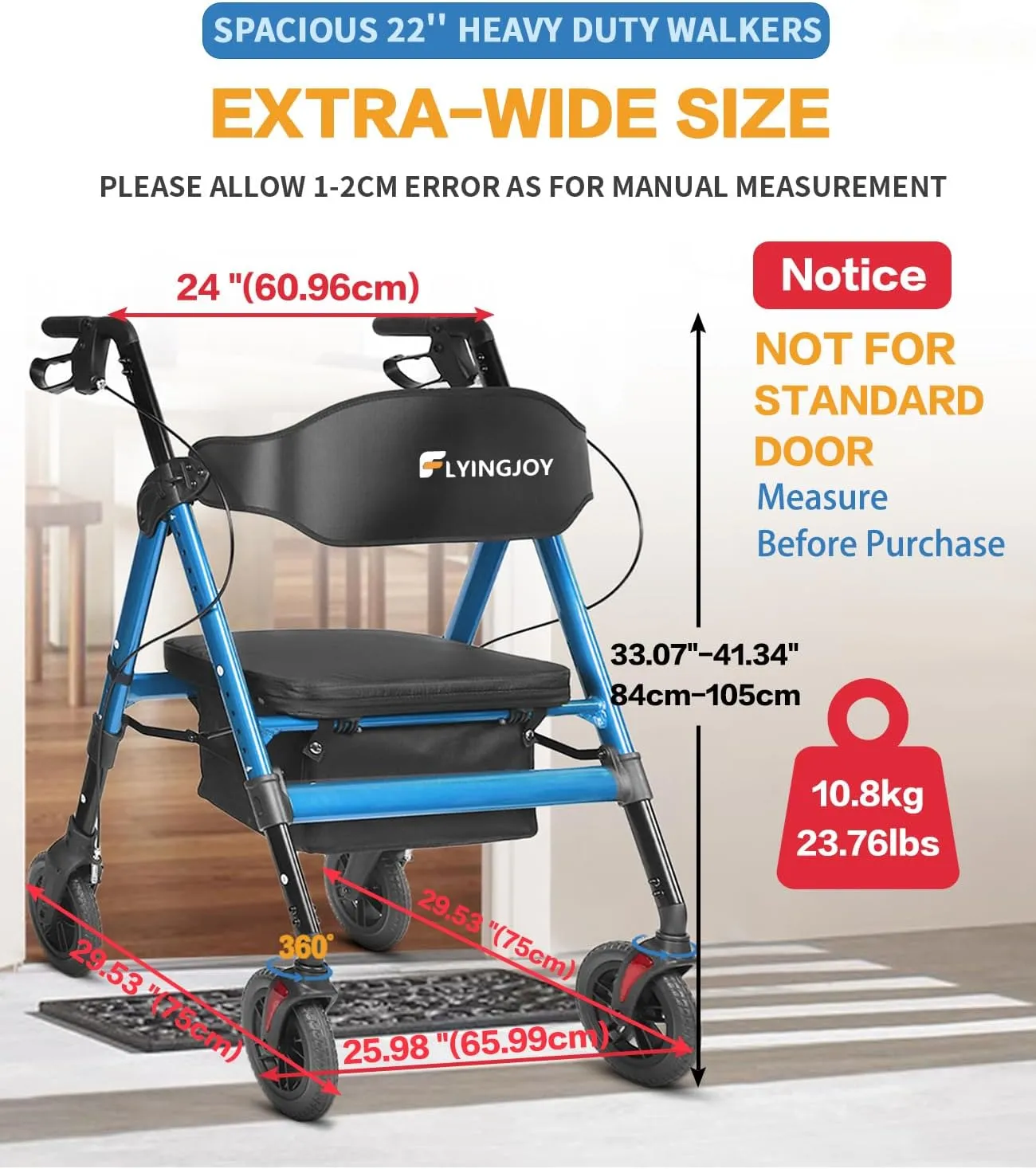 Rollator Walker with Seat,450Lb Rolling Walker, 23.76lbs(10.8kg) Extra-Wide Heavy-Duty Rollator Walker with Seat and Brakes for Seniors and Adults Bariatric with Large Aluminum (Blue)