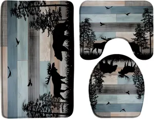 Rustic Bear 3 Piece Bathroom Rug Sets,Wildlife Bear Deer Pine Tree Forest Cabin Camping Vintage Wooden Board Retro Country Blue Black 16"x24"Bath Mat,Toilet Seat Cover, U-Shaped Toilet