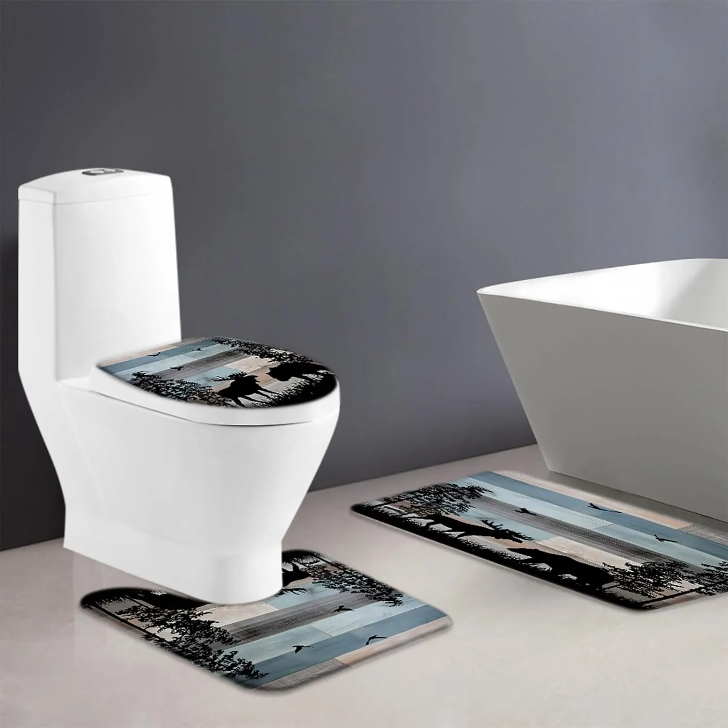 Rustic Bear 3 Piece Bathroom Rug Sets,Wildlife Bear Deer Pine Tree Forest Cabin Camping Vintage Wooden Board Retro Country Blue Black 16"x24"Bath Mat,Toilet Seat Cover, U-Shaped Toilet