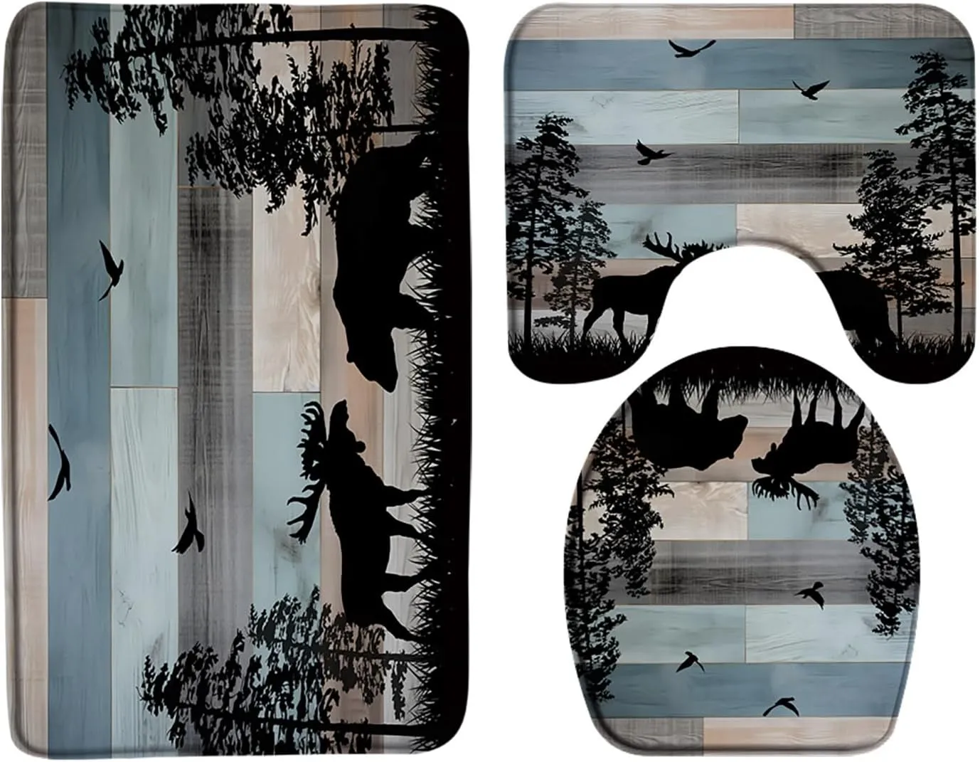 Rustic Bear 3 Piece Bathroom Rug Sets,Wildlife Bear Deer Pine Tree Forest Cabin Camping Vintage Wooden Board Retro Country Blue Black 16"x24"Bath Mat,Toilet Seat Cover, U-Shaped Toilet