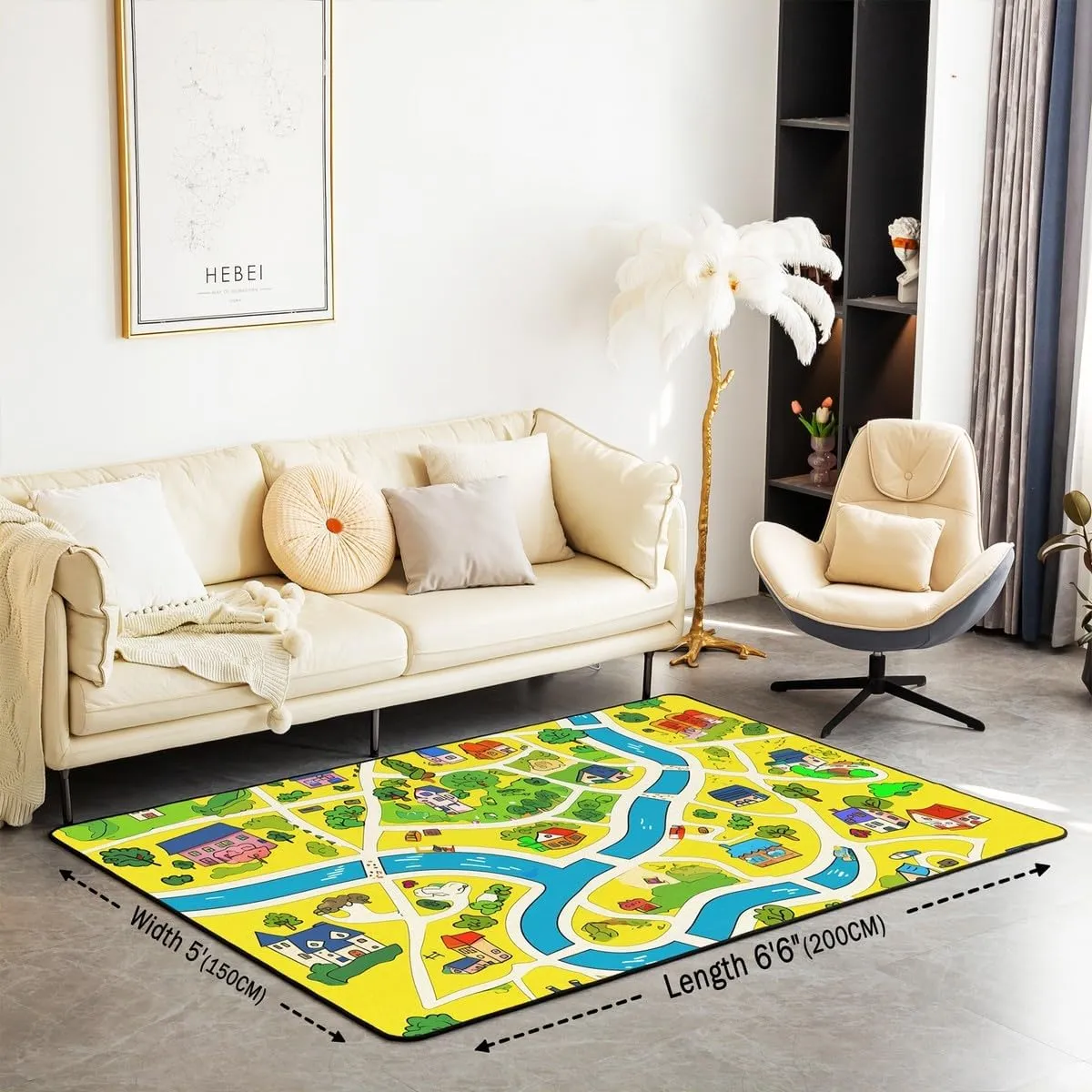 Rustic Countryside Rug 5x6'6'',Suburb House Tree River Hand Graffiti Non Slip Decorative Indoor Mat Rug,Yellow Nature Roadway Landscape Shedding Rug for Playroom Bedside for Adults Kids