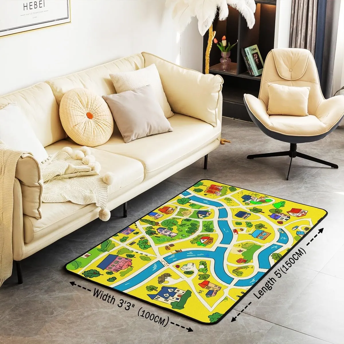 Rustic Countryside Rug 5x6'6'',Suburb House Tree River Hand Graffiti Non Slip Decorative Indoor Mat Rug,Yellow Nature Roadway Landscape Shedding Rug for Playroom Bedside for Adults Kids