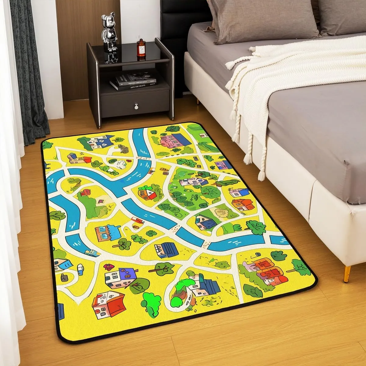 Rustic Countryside Rug 5x6'6'',Suburb House Tree River Hand Graffiti Non Slip Decorative Indoor Mat Rug,Yellow Nature Roadway Landscape Shedding Rug for Playroom Bedside for Adults Kids