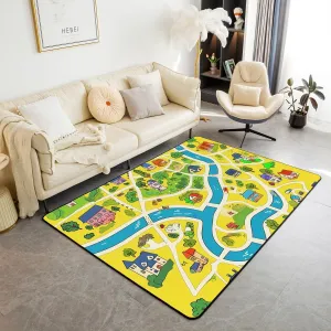 Rustic Countryside Rug 5x6'6'',Suburb House Tree River Hand Graffiti Non Slip Decorative Indoor Mat Rug,Yellow Nature Roadway Landscape Shedding Rug for Playroom Bedside for Adults Kids
