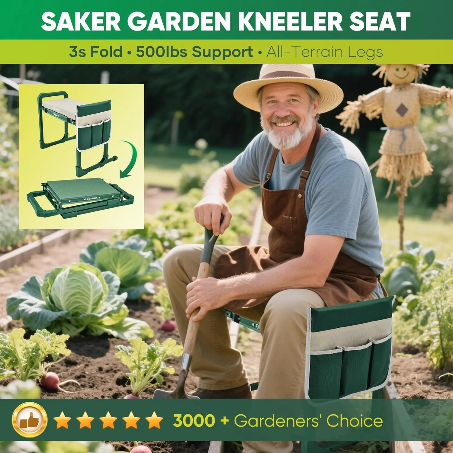 Saker Garden Kneeler and Seat Foldable Gardening Stool with Extendable Legs & Thickened Pad, Tool, Heavy Duty 500lbs Support for Elderly, Gardening, Outdoor Use