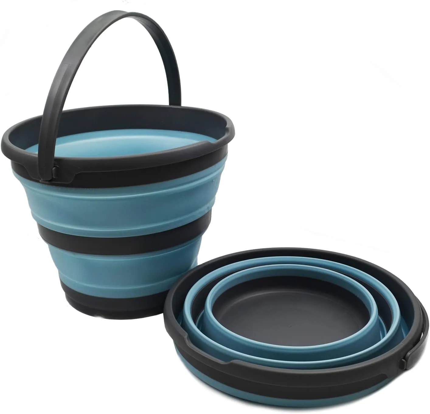 SAMMART 10L (2.6 Gallon) Collapsible Plastic Bucket - Foldable Round Tub - Portable Fishing Water Pail - Space Saving Outdoor Waterpot, Size 33cm Dia (Grey/Sea Angel (Set of 2))