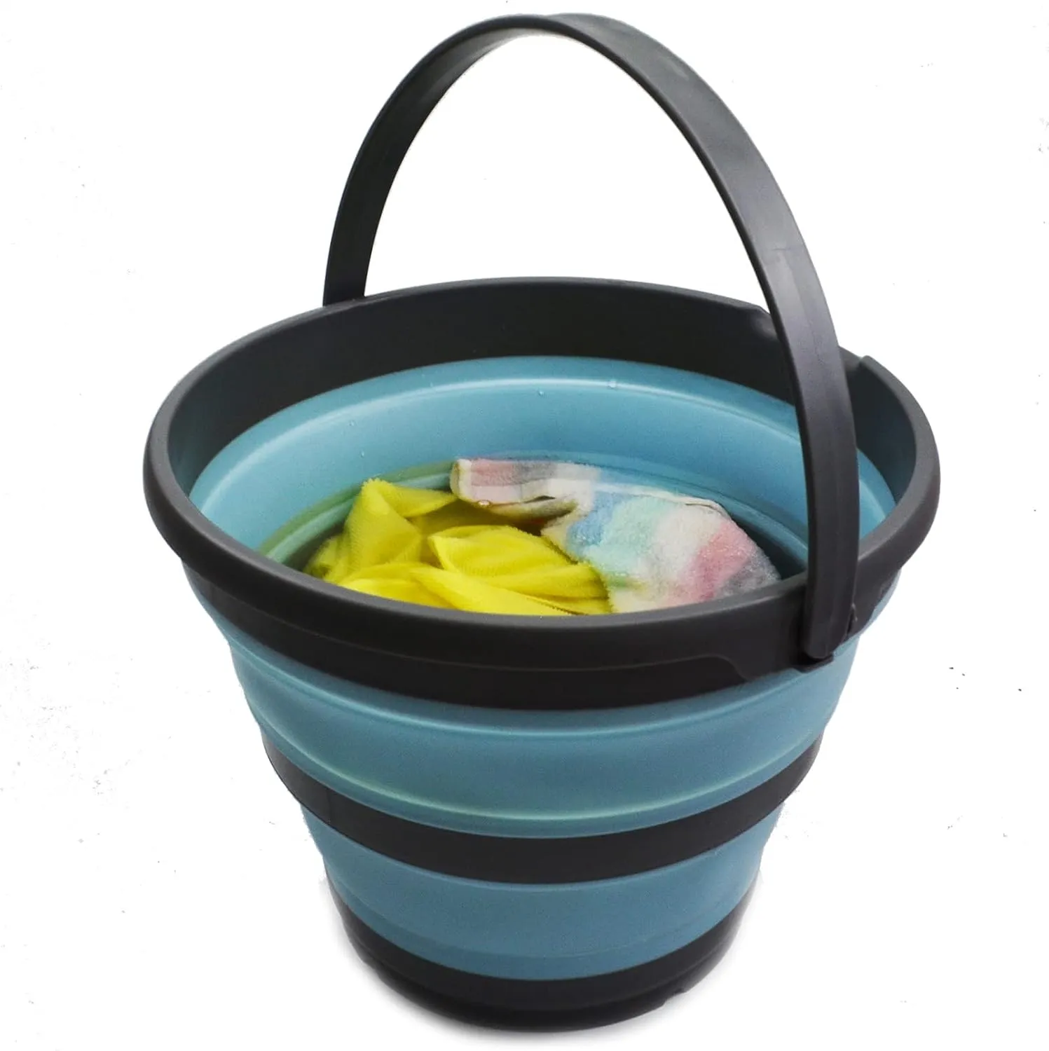 SAMMART 10L (2.6 Gallon) Collapsible Plastic Bucket - Foldable Round Tub - Portable Fishing Water Pail - Space Saving Outdoor Waterpot, Size 33cm Dia (Grey/Sea Angel (Set of 2))