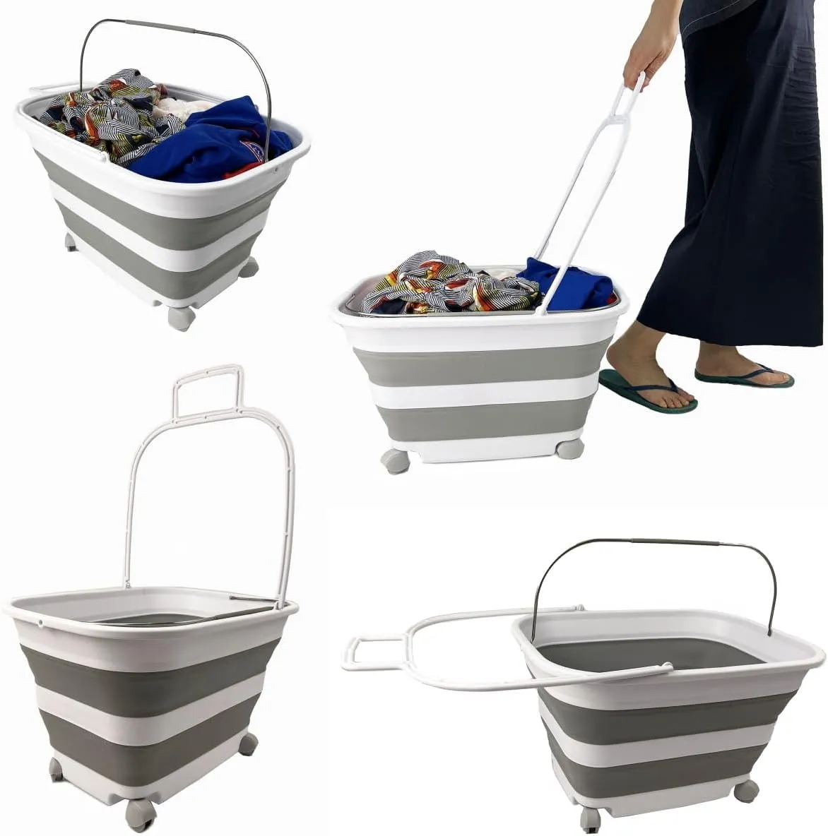 SAMMART 35L (9.24 Gallons) Collapsible Plastic Laundry Basket with Handle and Wheels - Foldable Pop Up Storage Container/Washing Tub - Space Saving (1, White/Grey)
