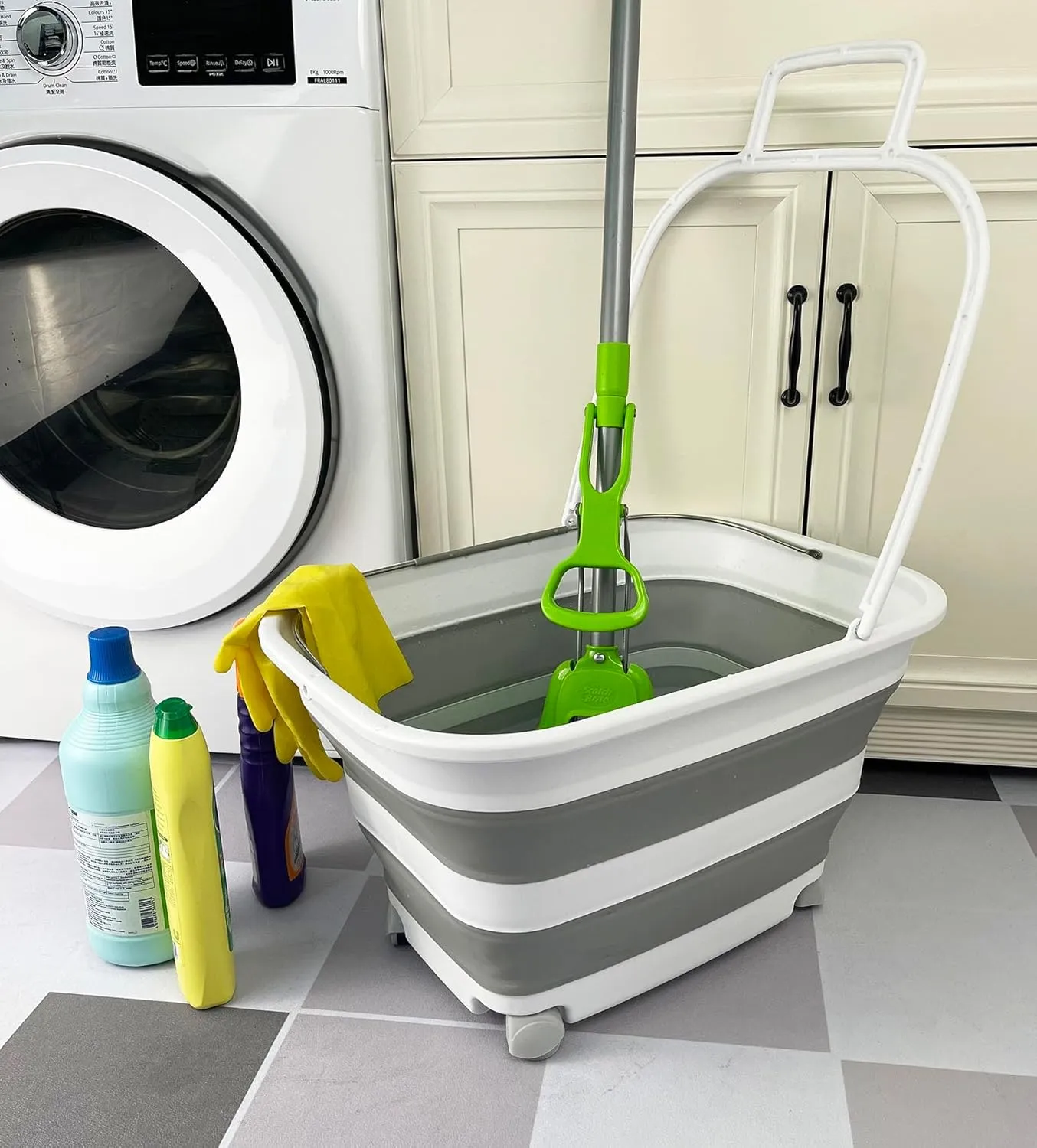 SAMMART 35L (9.24 Gallons) Collapsible Plastic Laundry Basket with Handle and Wheels - Foldable Pop Up Storage Container/Washing Tub - Space Saving (1, White/Grey)