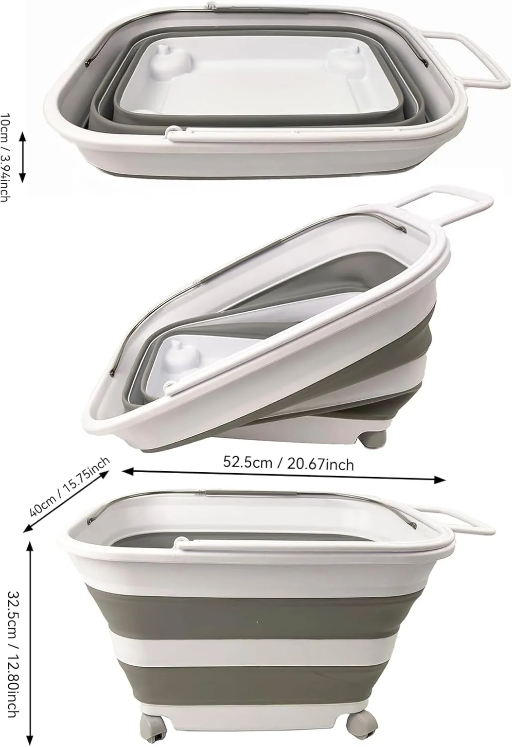 SAMMART 35L (9.24 Gallons) Collapsible Plastic Laundry Basket with Handle and Wheels - Foldable Pop Up Storage Container/Washing Tub - Space Saving (1, White/Grey)