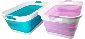 SAMMART 41L (10.8 gallon) Collapsible Plastic Laundry Basket - Foldable Pop Up Storage Container/Organizer - Portable Washing Tub - Space Saving (Rectangular, Ceramic Blue Pale Purple (Set of 2))