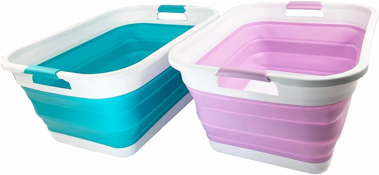 SAMMART 41L (10.8 gallon) Collapsible Plastic Laundry Basket - Foldable Pop Up Storage Container/Organizer - Portable Washing Tub - Space Saving (Rectangular, Ceramic Blue Pale Purple (Set of 2))