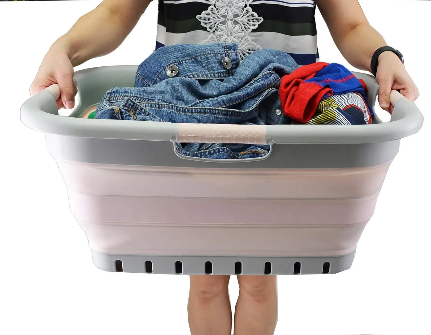 SAMMART 41L Collapsible Plastic Laundry Basket - Foldable Pop Up Storage Container/Organizer - Portable Basket - Space Saving Hamper/Basket (3 handled rectangular, Grey/Pink)