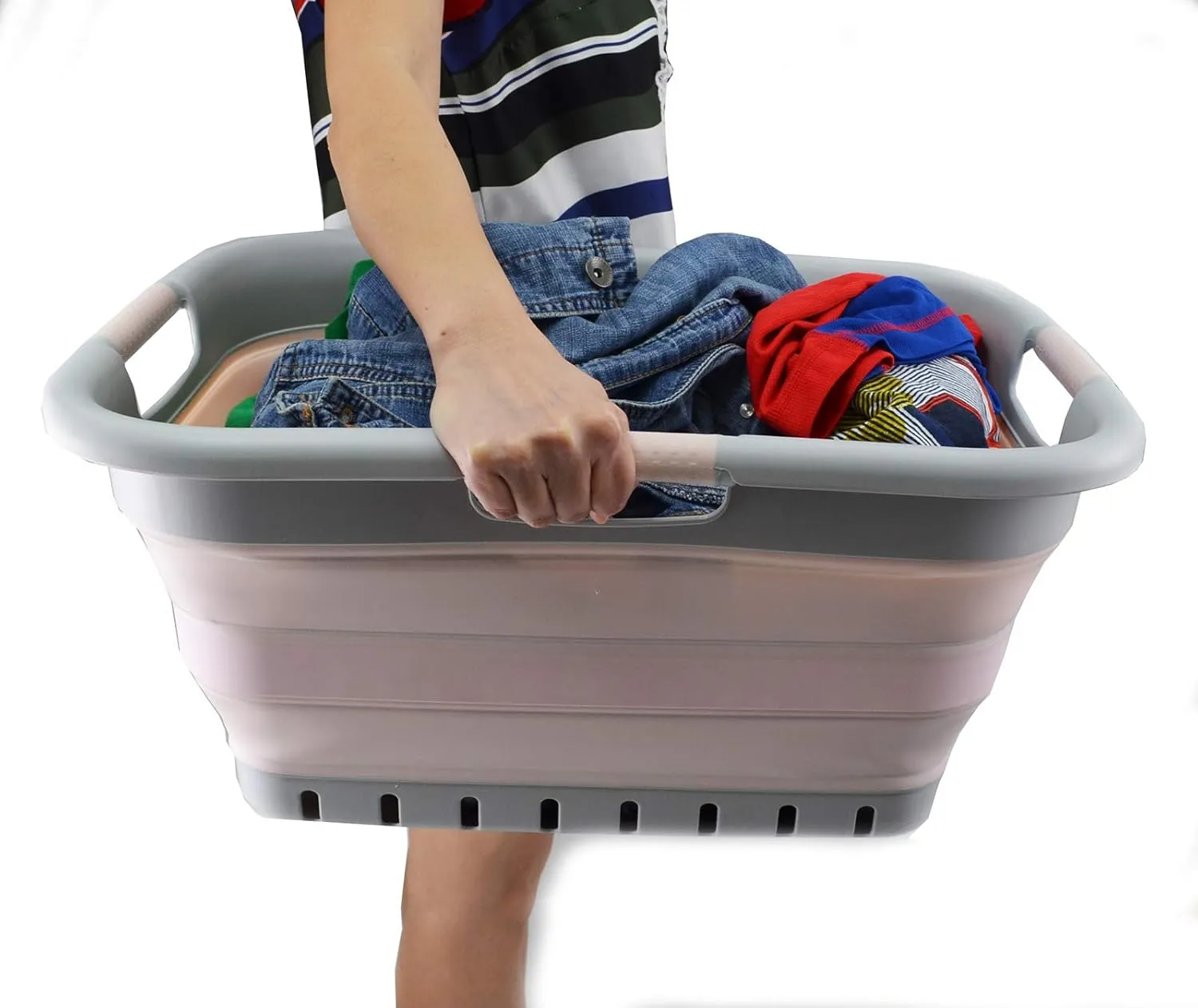 SAMMART 41L Collapsible Plastic Laundry Basket - Foldable Pop Up Storage Container/Organizer - Portable Basket - Space Saving Hamper/Basket (3 handled rectangular, Grey/Pink)